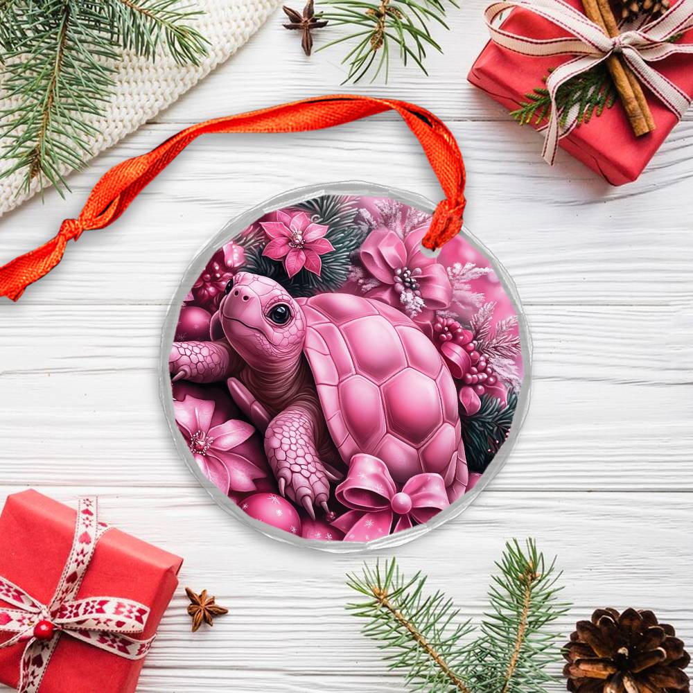 Tortoise Pink Christmas Design 1 Glass Ornament