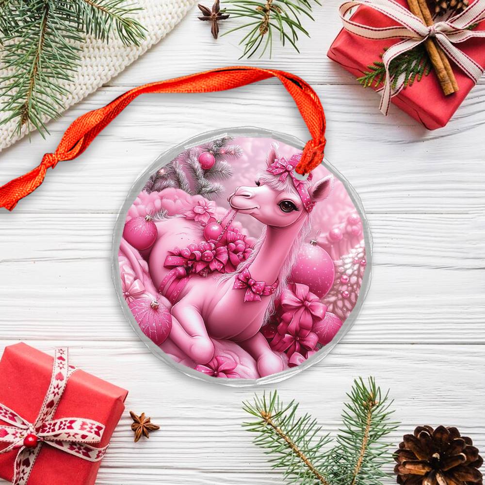 Camel Pink Christmas Design 2 Glass Ornament
