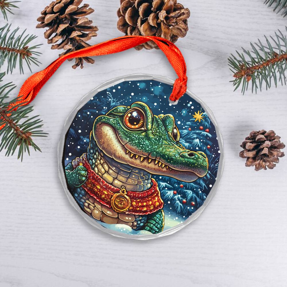 Beautiful Angus Alligator Christmas Night Design 3 Glass Ornament