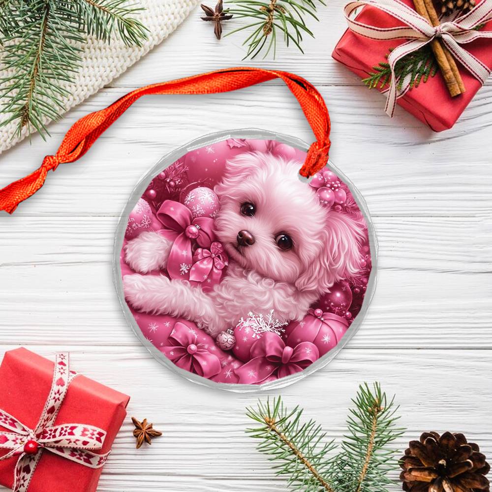 Bichon Frise Dog Pink Christmas Design 3 Glass Ornament