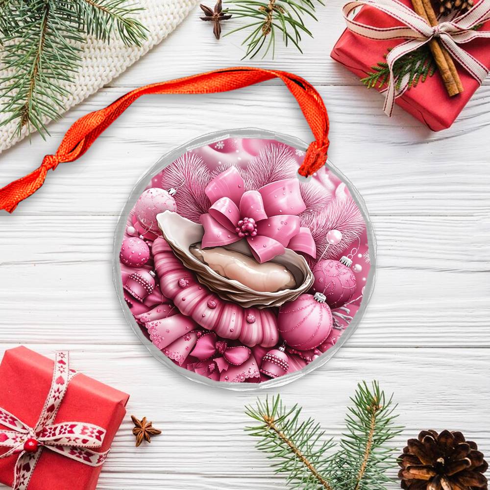 Oysters Pink Christmas Design 2 Glass Ornament