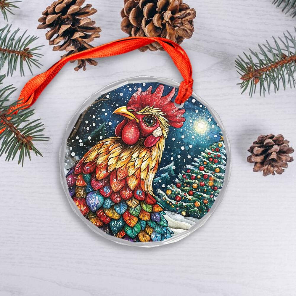 Beautiful Rooster Christmas Night Design 2 Glass Ornament