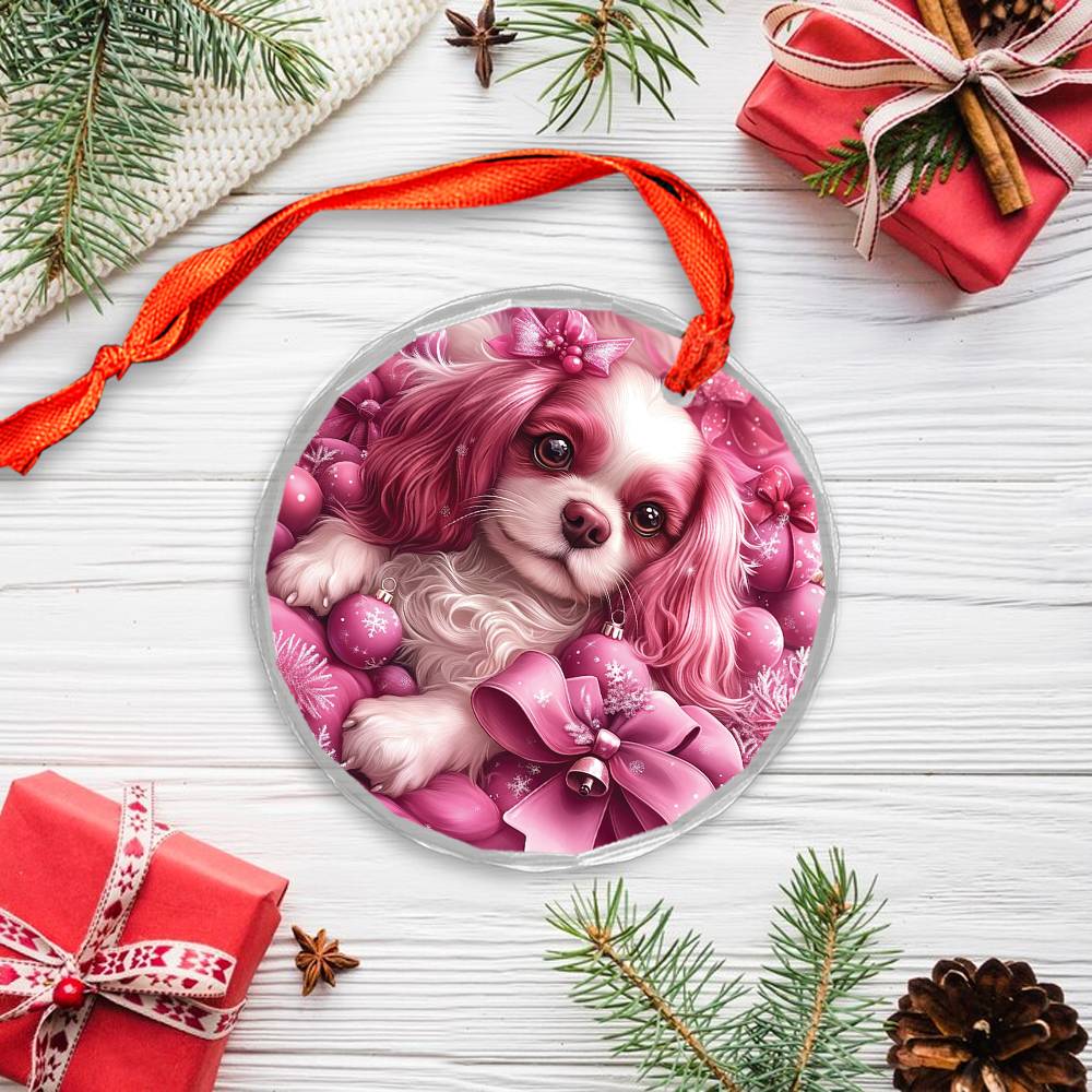 Cavalier King Charles Spaniel Dog Pink Christmas Design 3 Glass Ornament