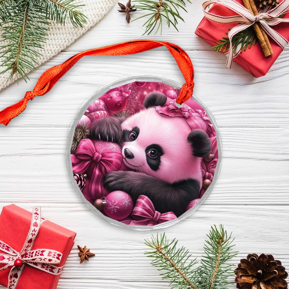 Panda Pink Christmas Design 3 Glass Ornament