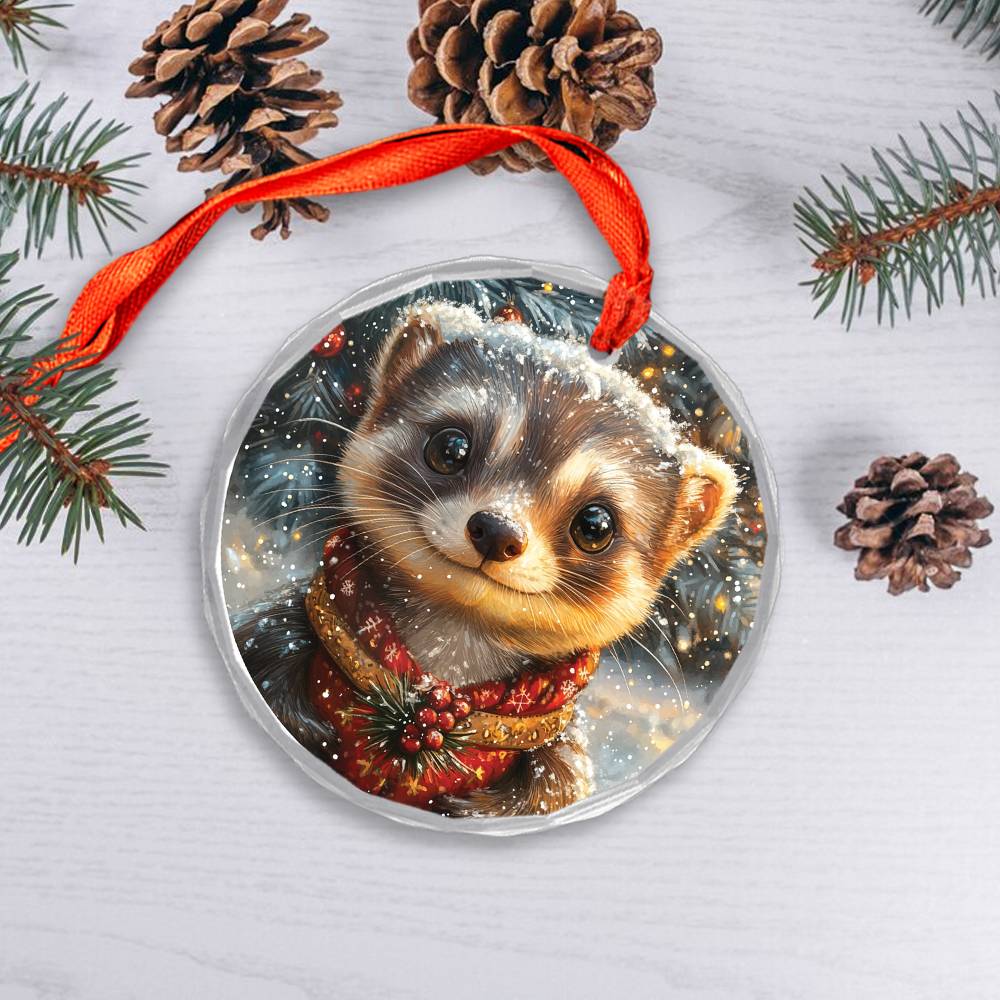 Beautiful Ferret Christmas Night Design 2 Glass Ornament