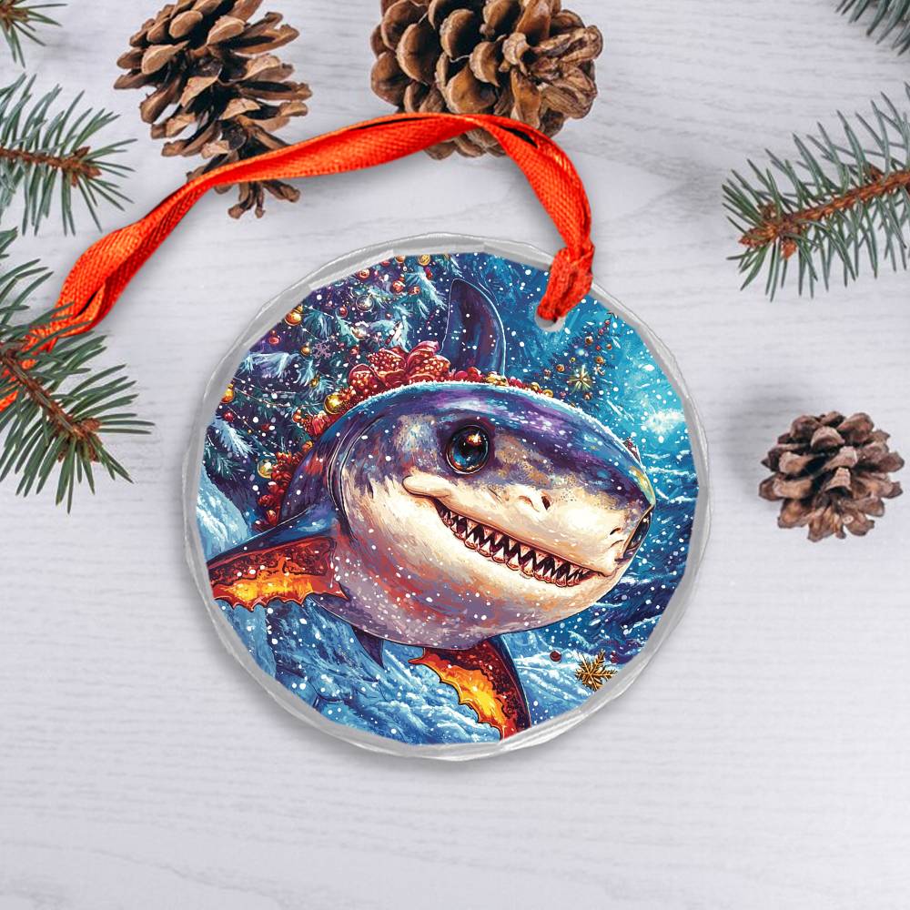 Beautiful Angus Shark Christmas Night Design 4 Glass Ornament