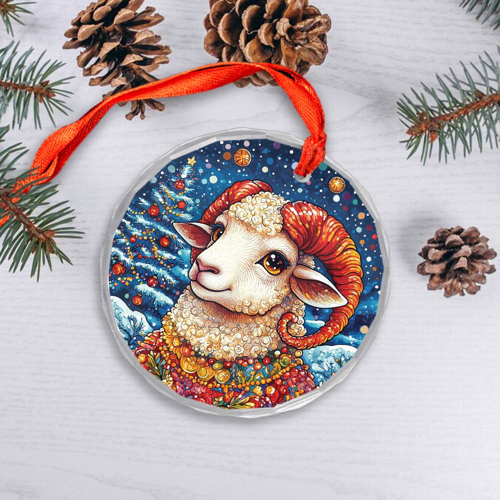 Beautiful Sheep Christmas Night Design 4 Glass Ornament