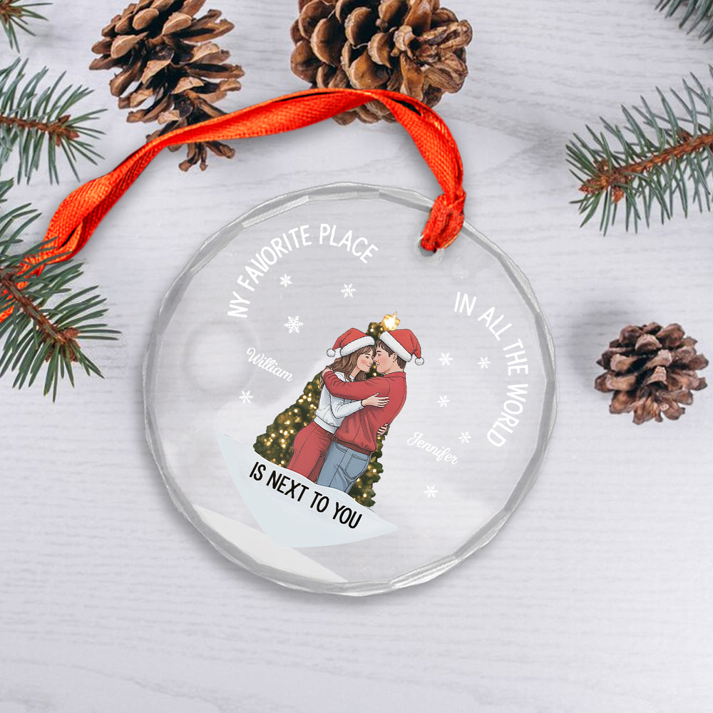 Christmas Couple Sideview You Are My Favorite By Far - Personalized Heart Glass Ornament4