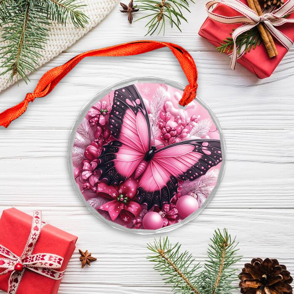 Butterfly Pink Christmas Design 2 Glass Ornament