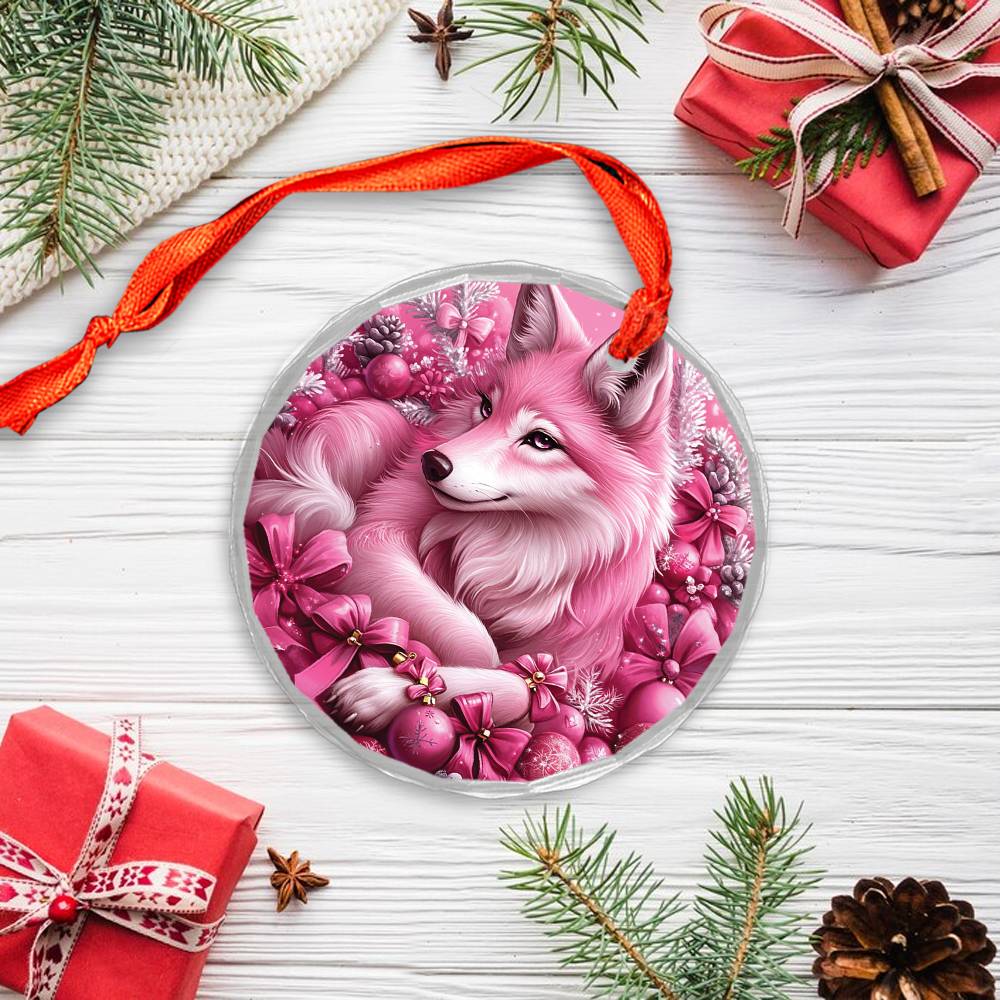 Wolf Pink Christmas Design 2 Glass Ornament