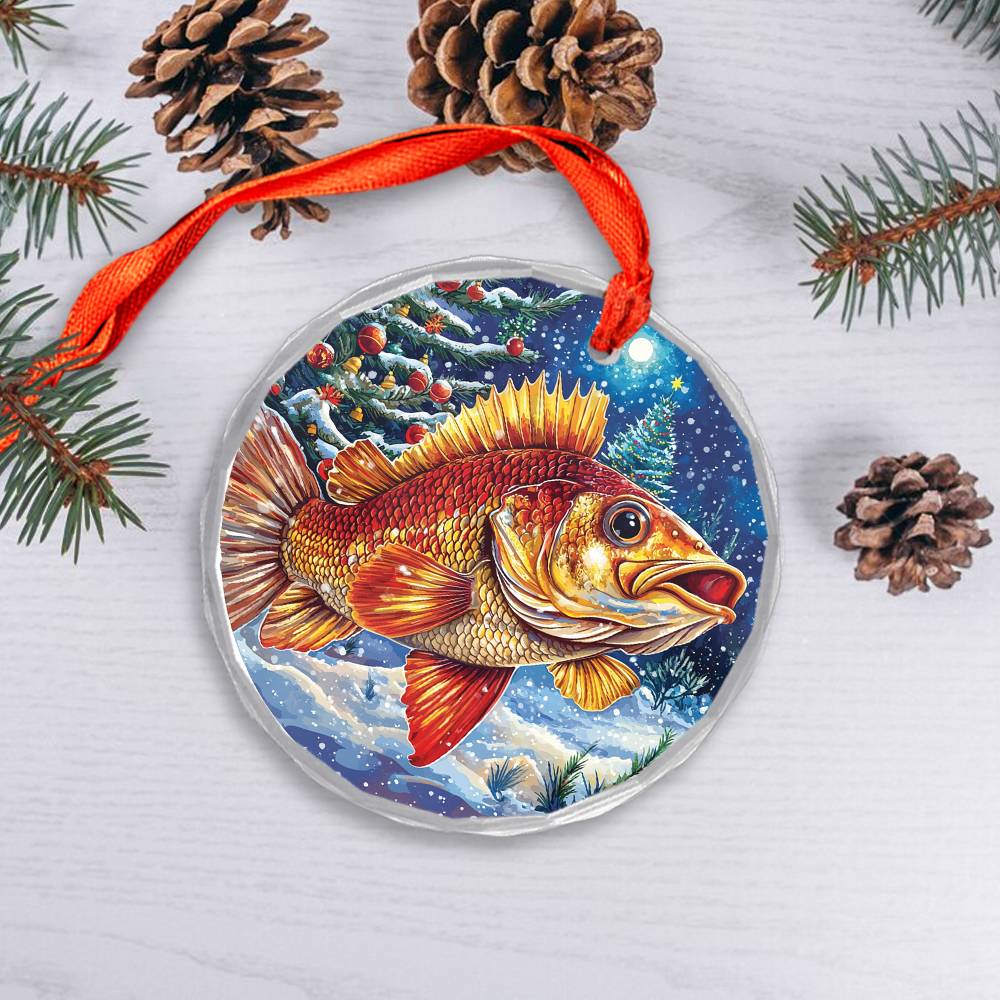 Beautiful Angus Bass fish Christmas Night Design 1 Glass Ornament
