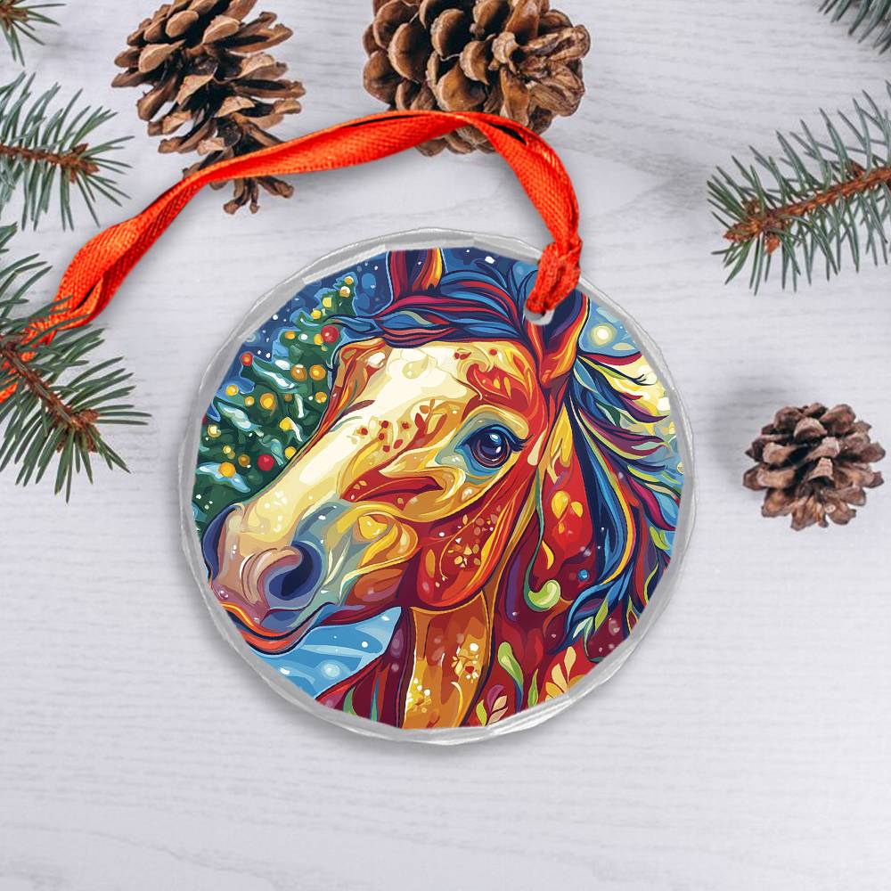 Beautiful Horse Christmas Night Design 2 Glass Ornament