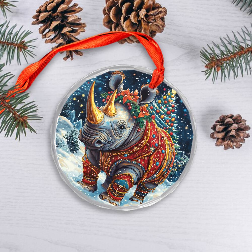 Beautiful Rhino Christmas Night Design 2 Glass Ornament