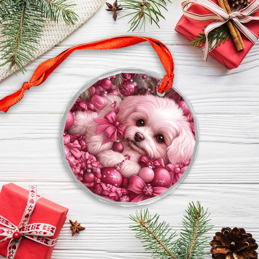Bichon Frise Dog Pink Christmas Design 2 Glass Ornament