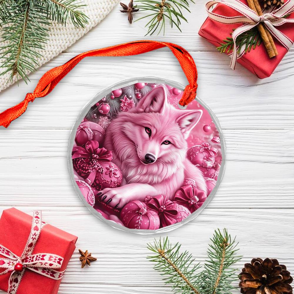 Wolf Pink Christmas Design 3 Glass Ornament