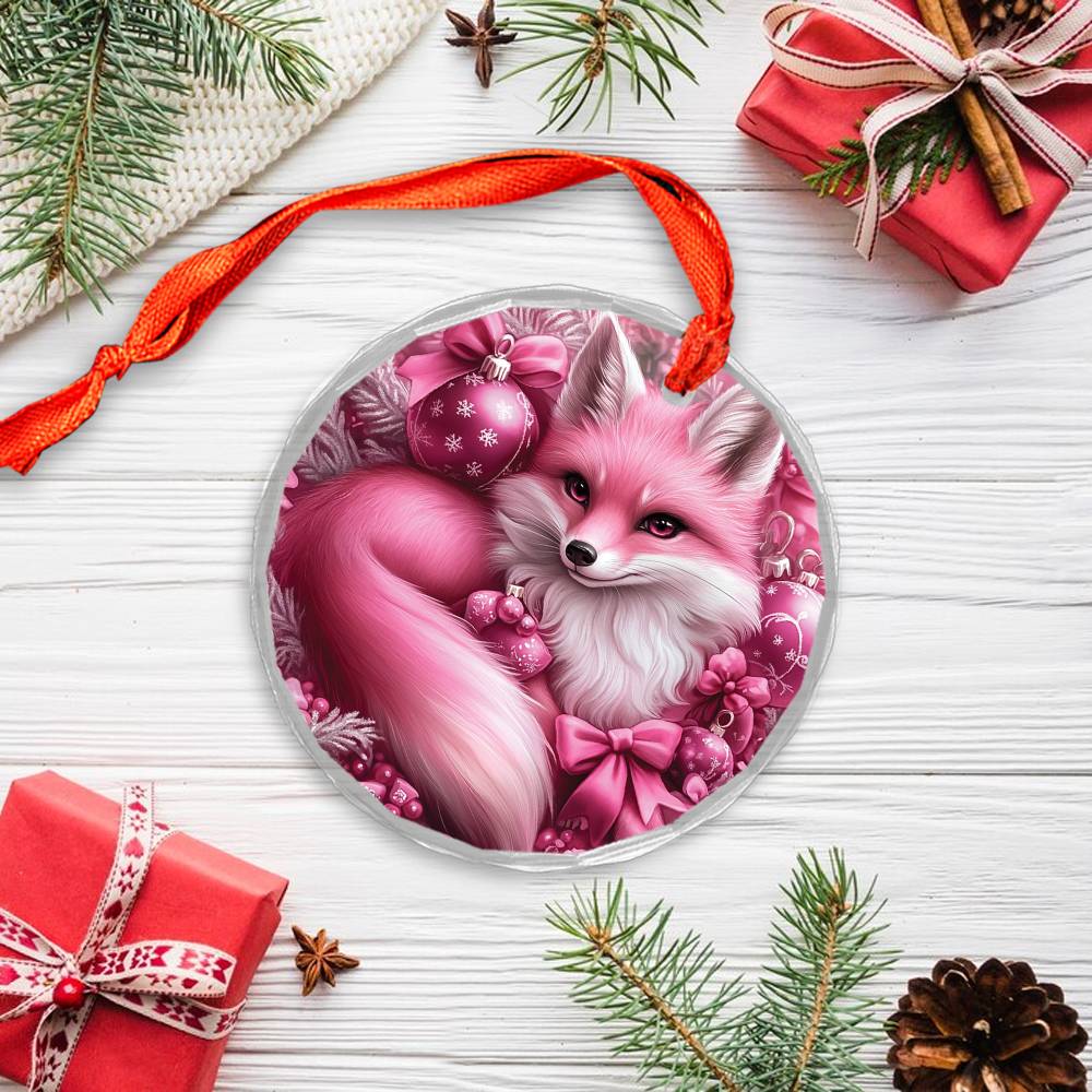 Fox Pink Christmas Design 4 Glass Ornament