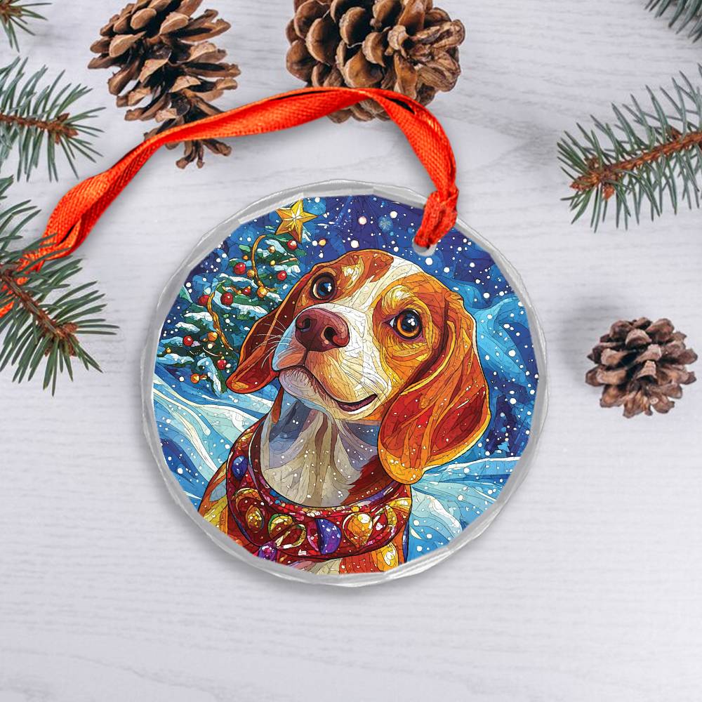 Beautiful Angus Beagle Dog Christmas Night Design 4 Glass Ornament