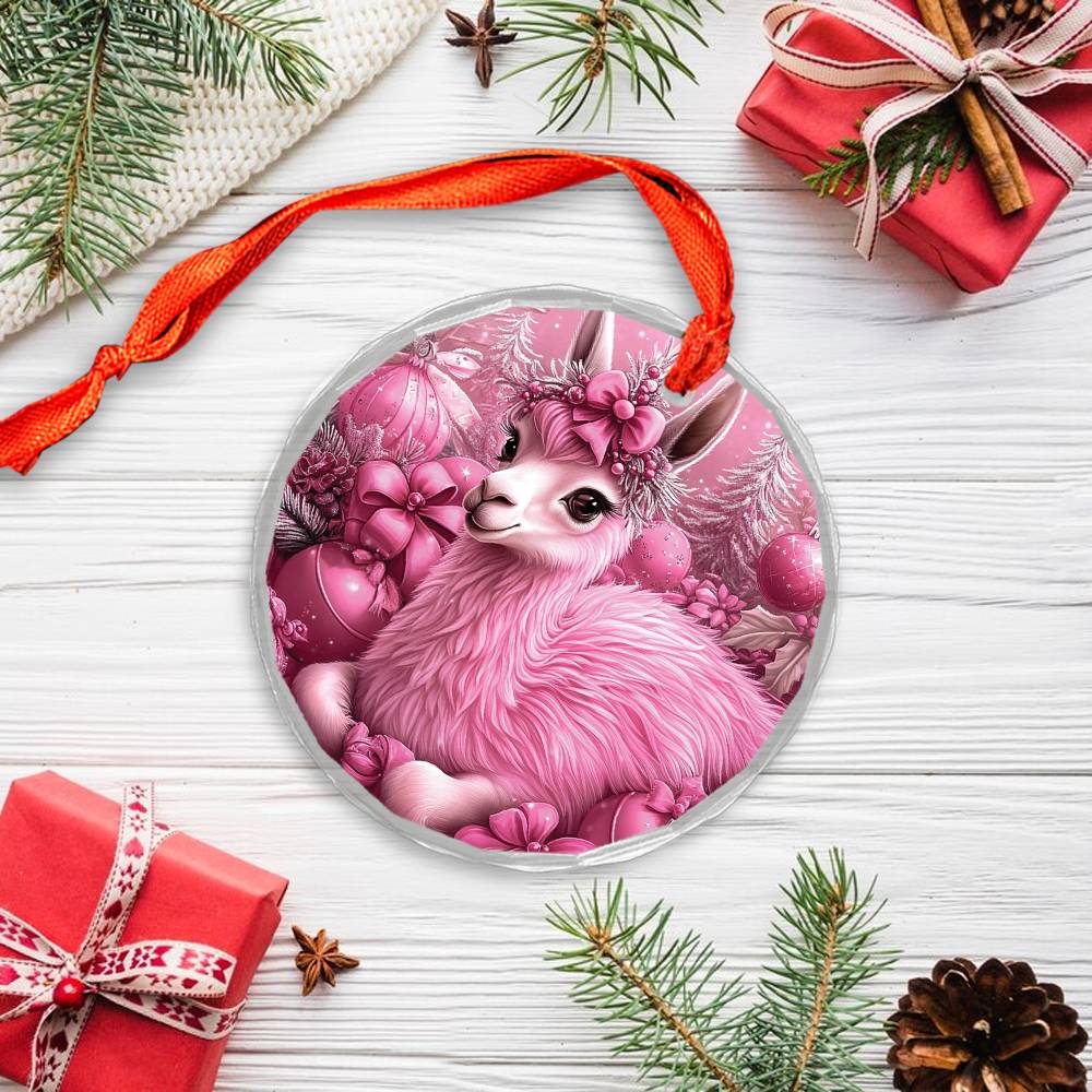Llama Pink Christmas Design 2 Glass Ornament