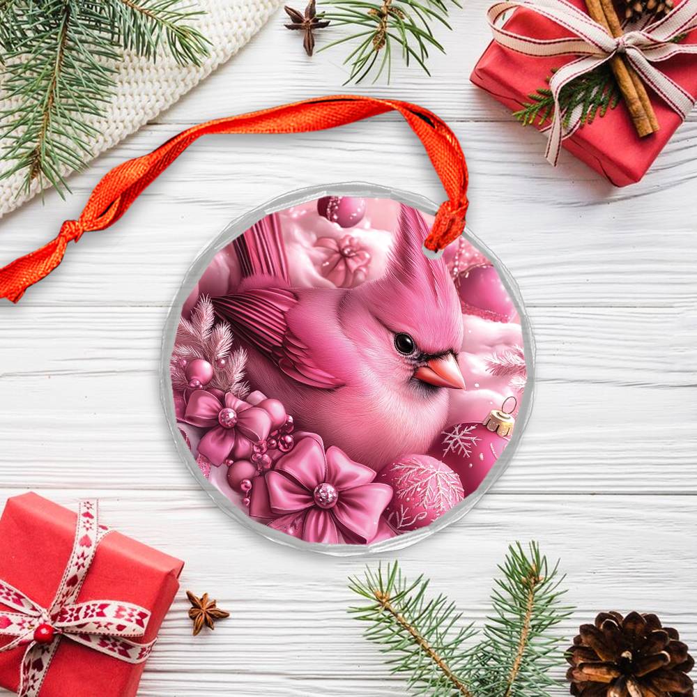 Cardinal Pink Christmas Design 2 Glass Ornament