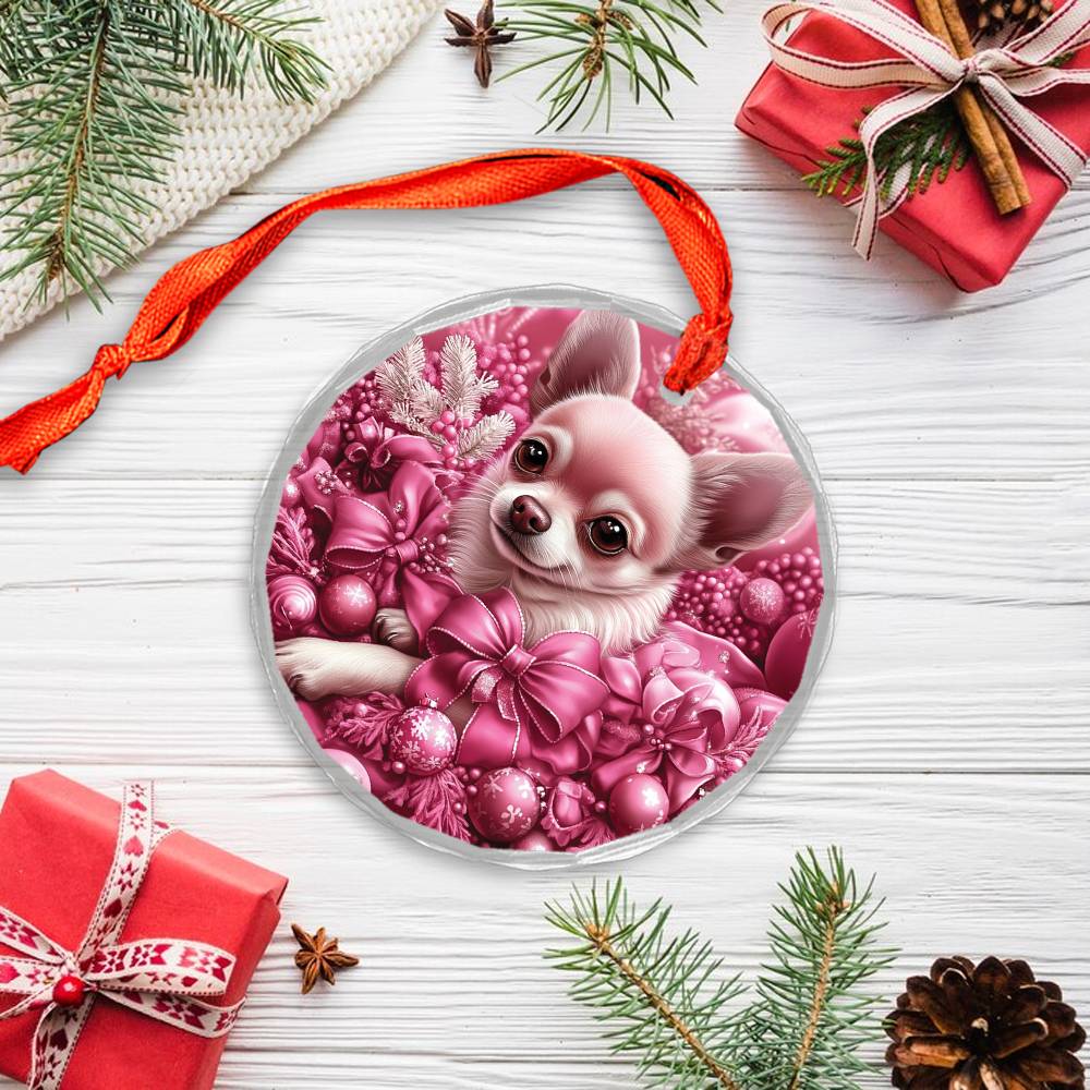 Chihuahua Dog Pink Christmas Design 2 Glass Ornament