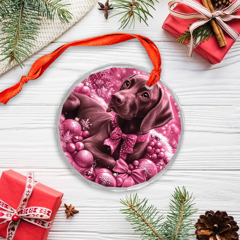 German Shorthaired Pointer Dog Pink Christmas Design 1 Glass Ornament