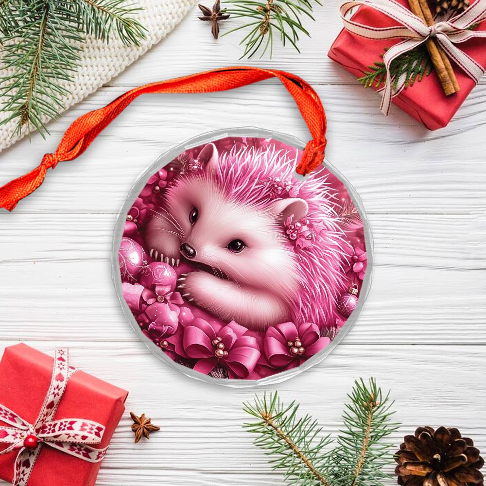 Hedgehog Pink Christmas Design 1 Glass Ornament