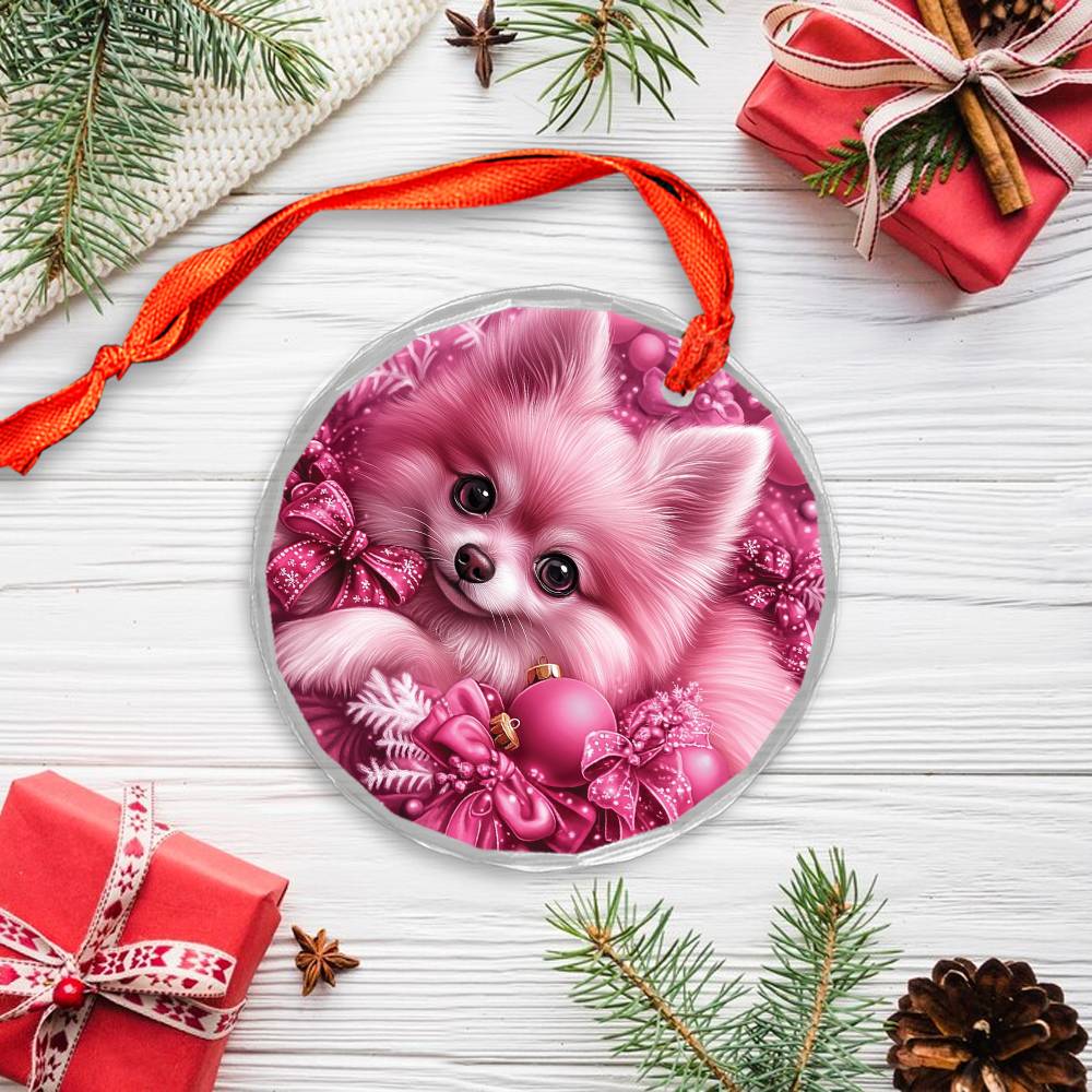 Pomeranian Dog Pink Christmas Design 3 Glass Ornament