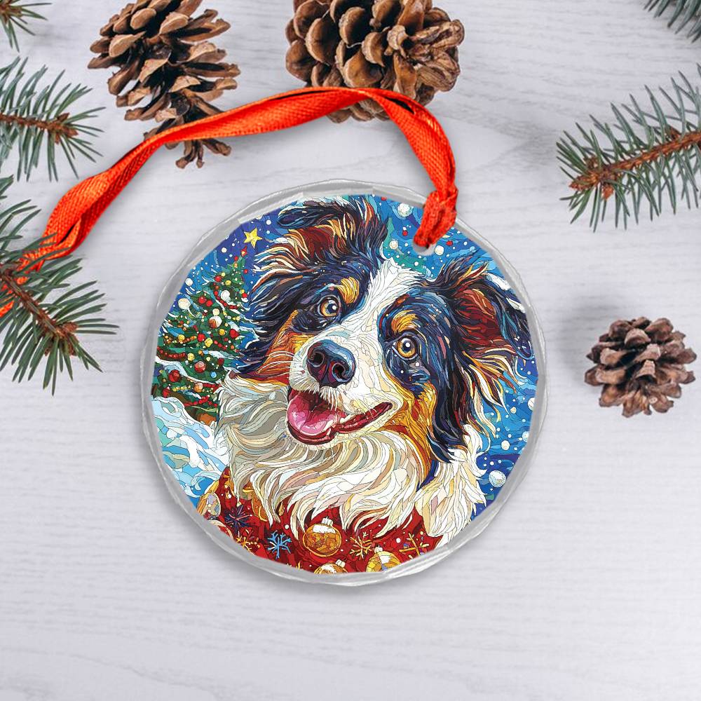 Beautiful Border Collie Dog Christmas Night Design 3 Glass Ornament