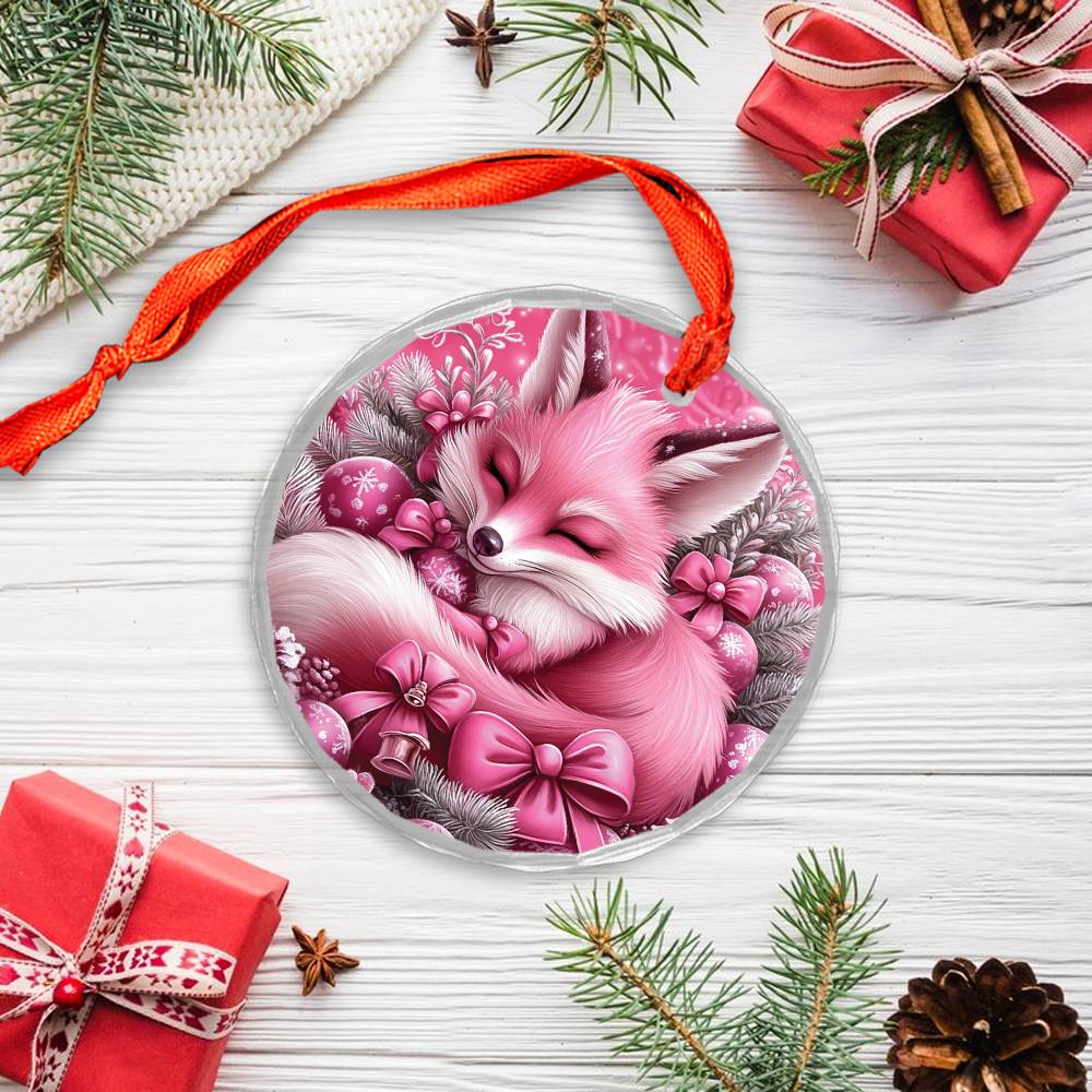 Fox Pink Christmas Design 3 Glass Ornament