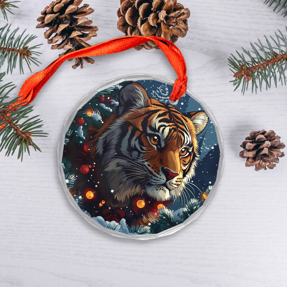 Beautiful Tiger Christmas Night Design 2 Glass Ornament