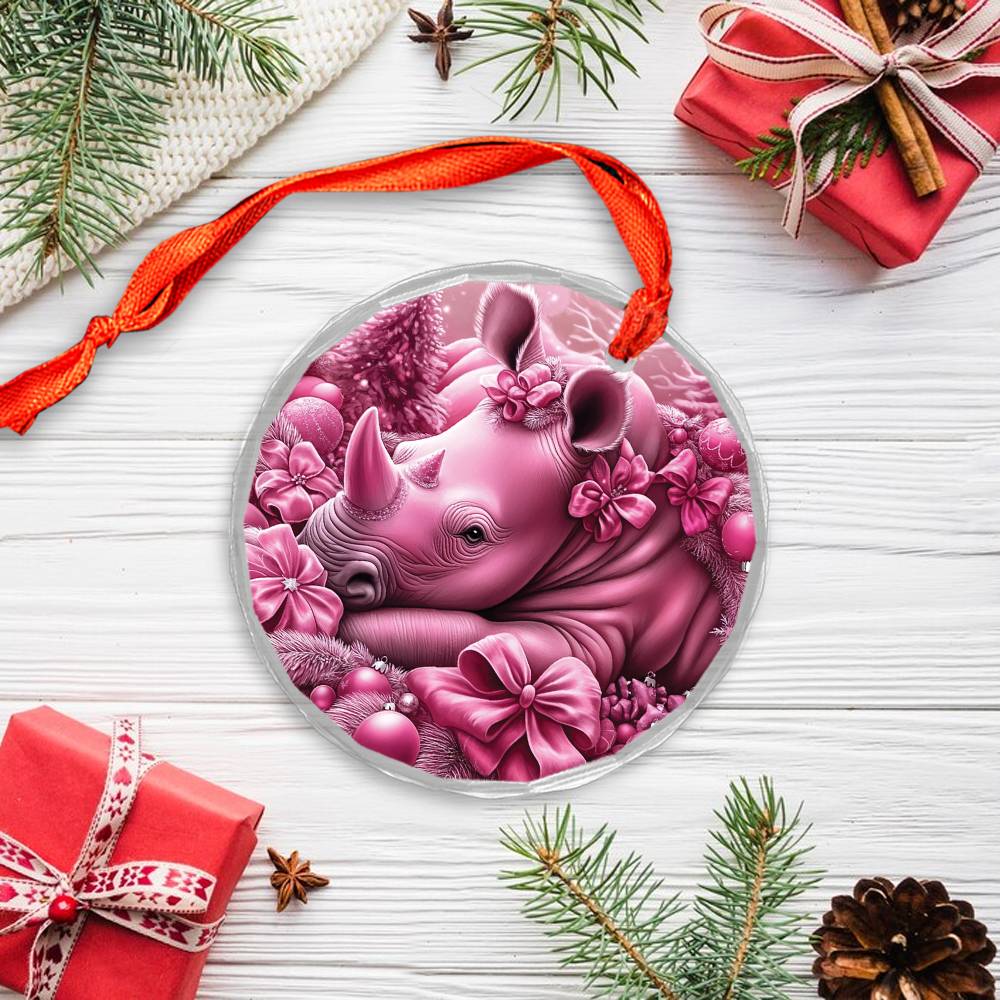 Rhino Pink Christmas Design 4 Glass Ornament