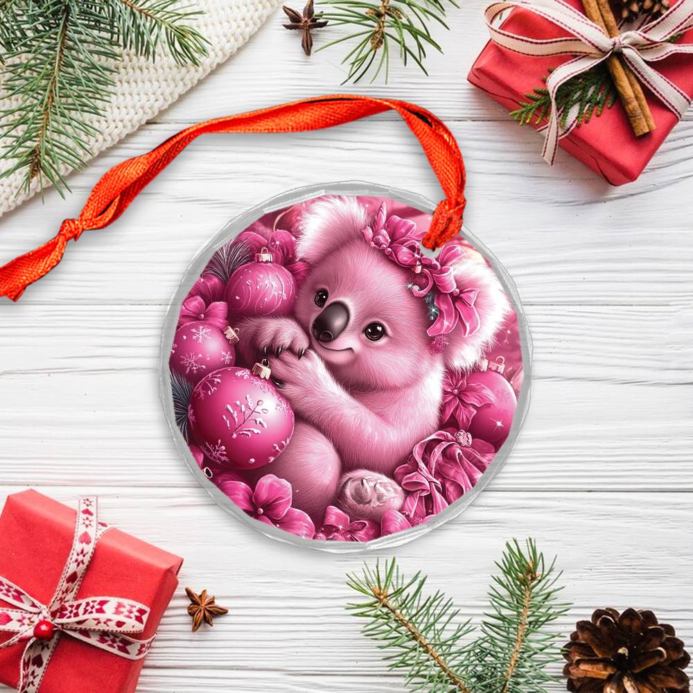 Koala Pink Christmas Design 3 Glass Ornament