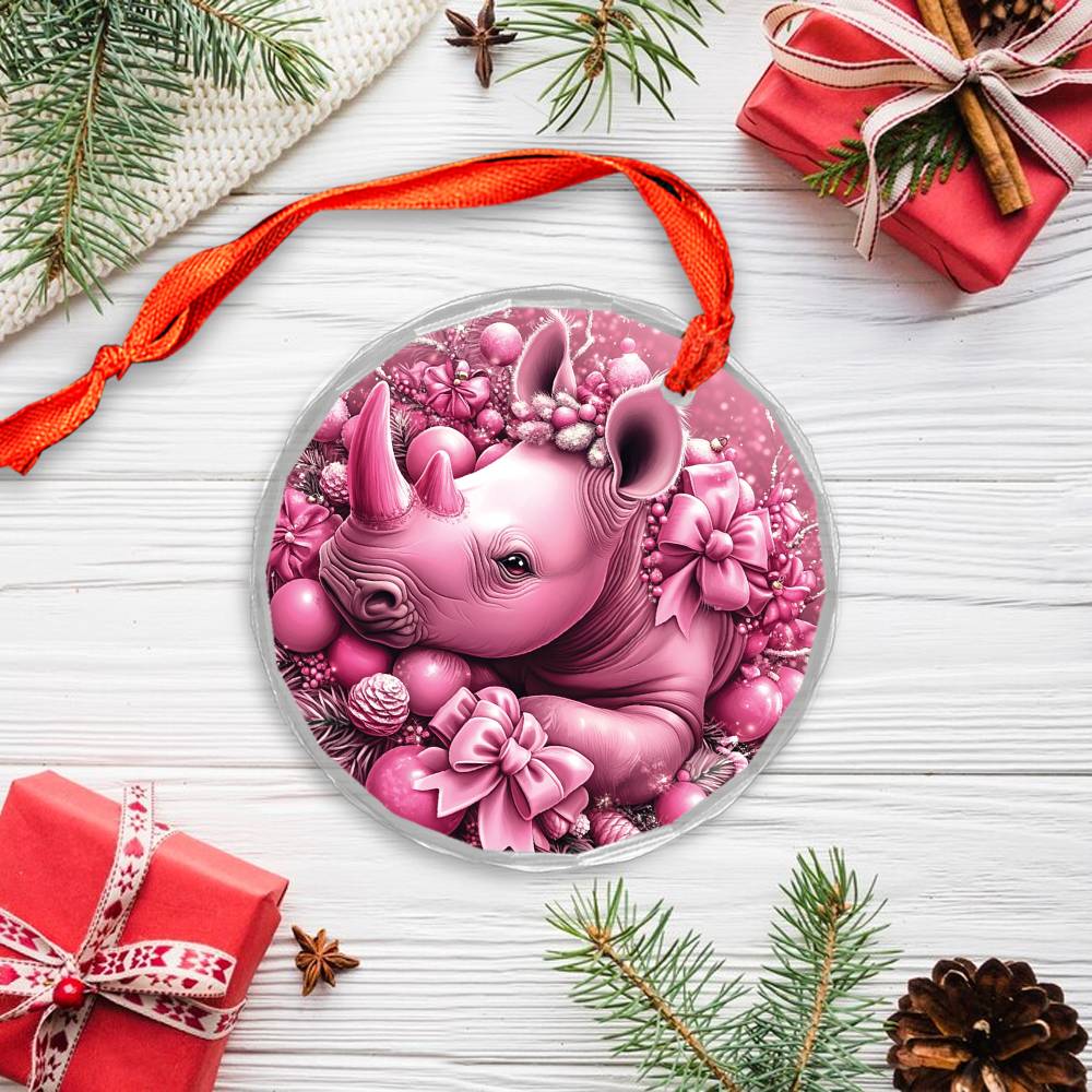 Rhino Pink Christmas Design 2 Glass Ornament