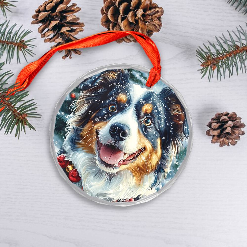 Beautiful Angus Australian Shepherd Dog Christmas Night Design 4 Glass Ornament