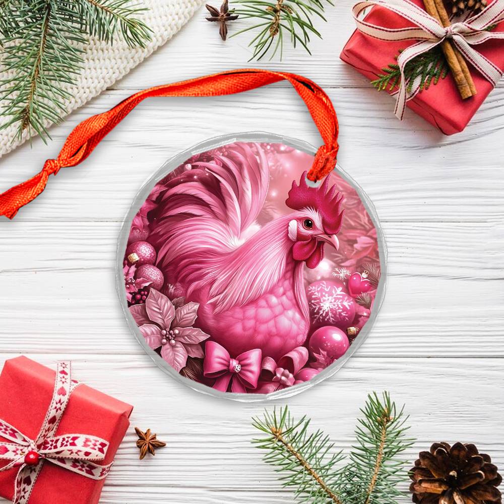 Rooster Pink Christmas Design 2 Glass Ornament