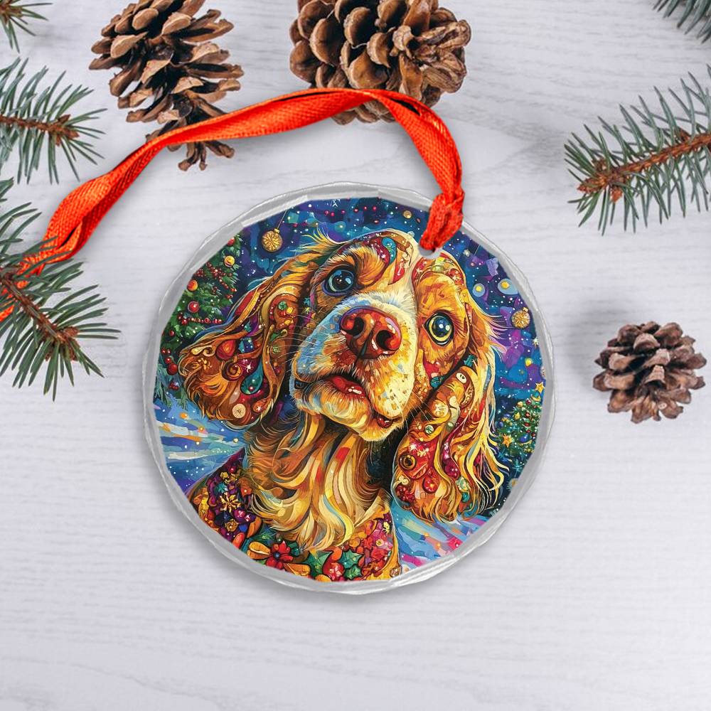 Beautiful English Cocker Spaniel Dog Christmas Night Design 3 Glass Ornament
