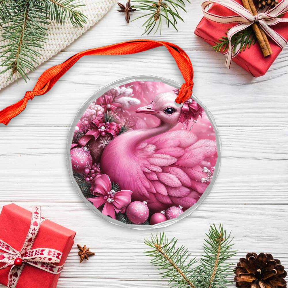 Ostrich Pink Christmas Design 4 Glass Ornament