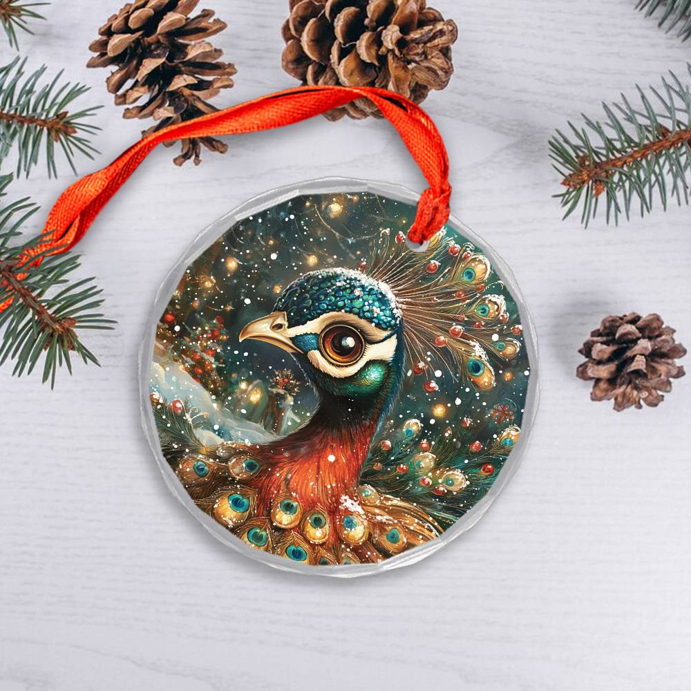 Beautiful Peacock Christmas Night Design 3 Glass Ornament