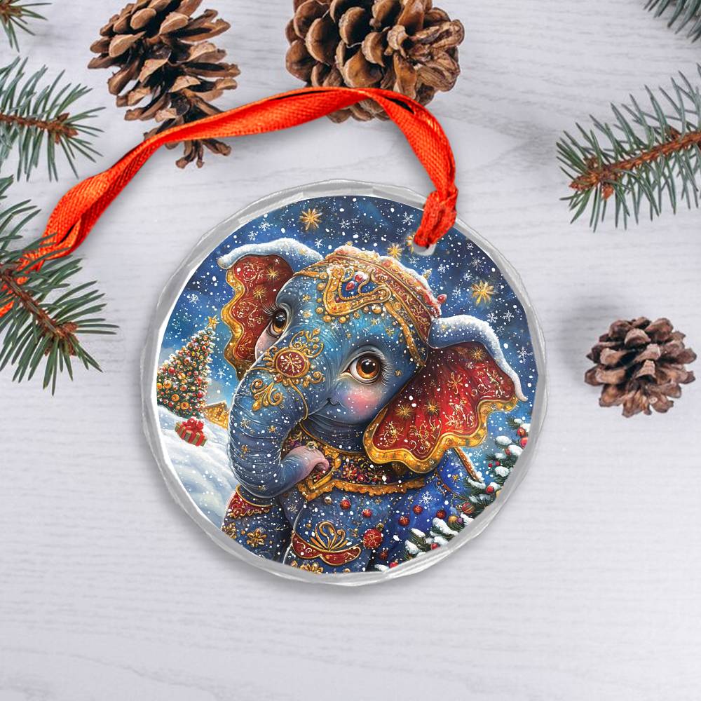 Beautiful Elephant Christmas Night Design 3 Glass Ornament