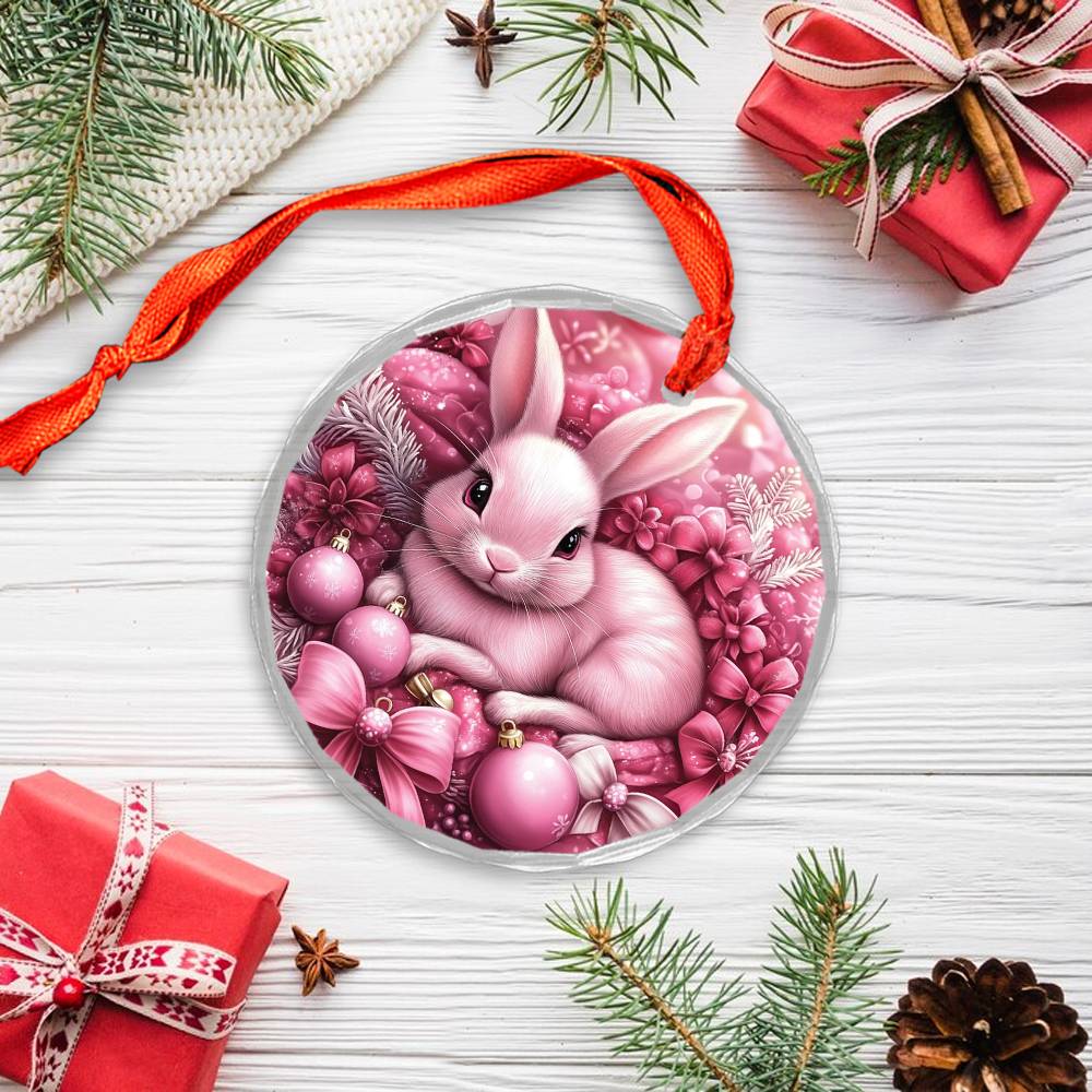 Rabbit Pink Christmas Design 1 Glass Ornament