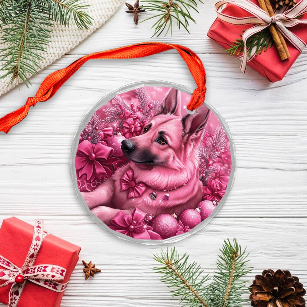 German Shepherd Dog Pink Christmas Design 3 Glass Ornament