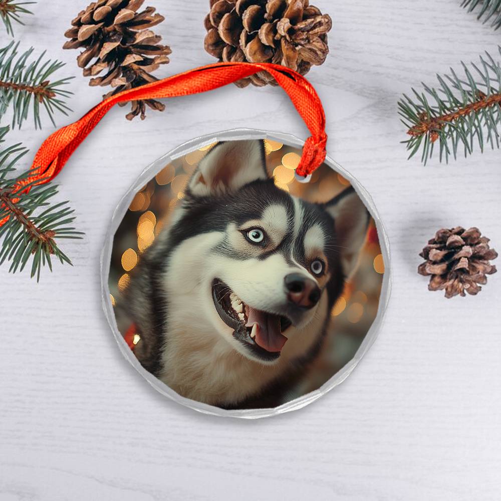 Beautiful Angus Huskie Dog Christmas Night Design 1 Glass Ornament