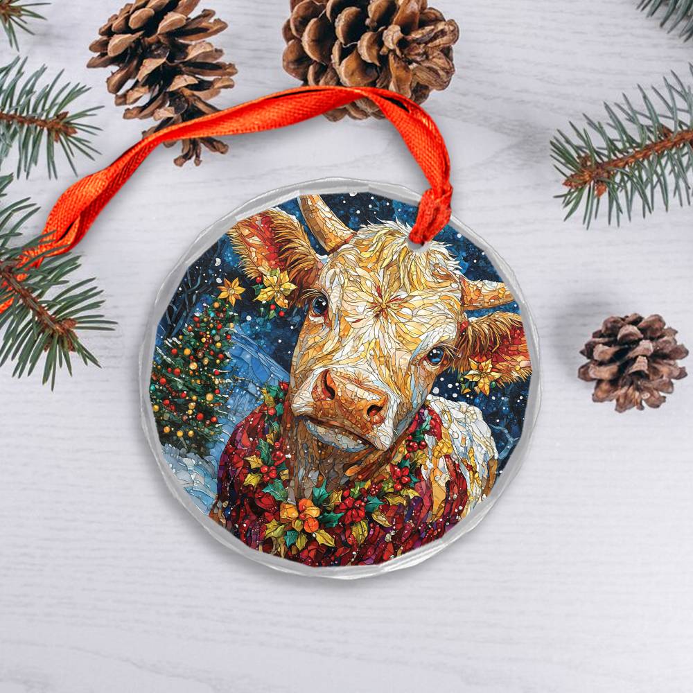 Beautiful Hereford Cow Christmas Night Design 2 Glass Ornament