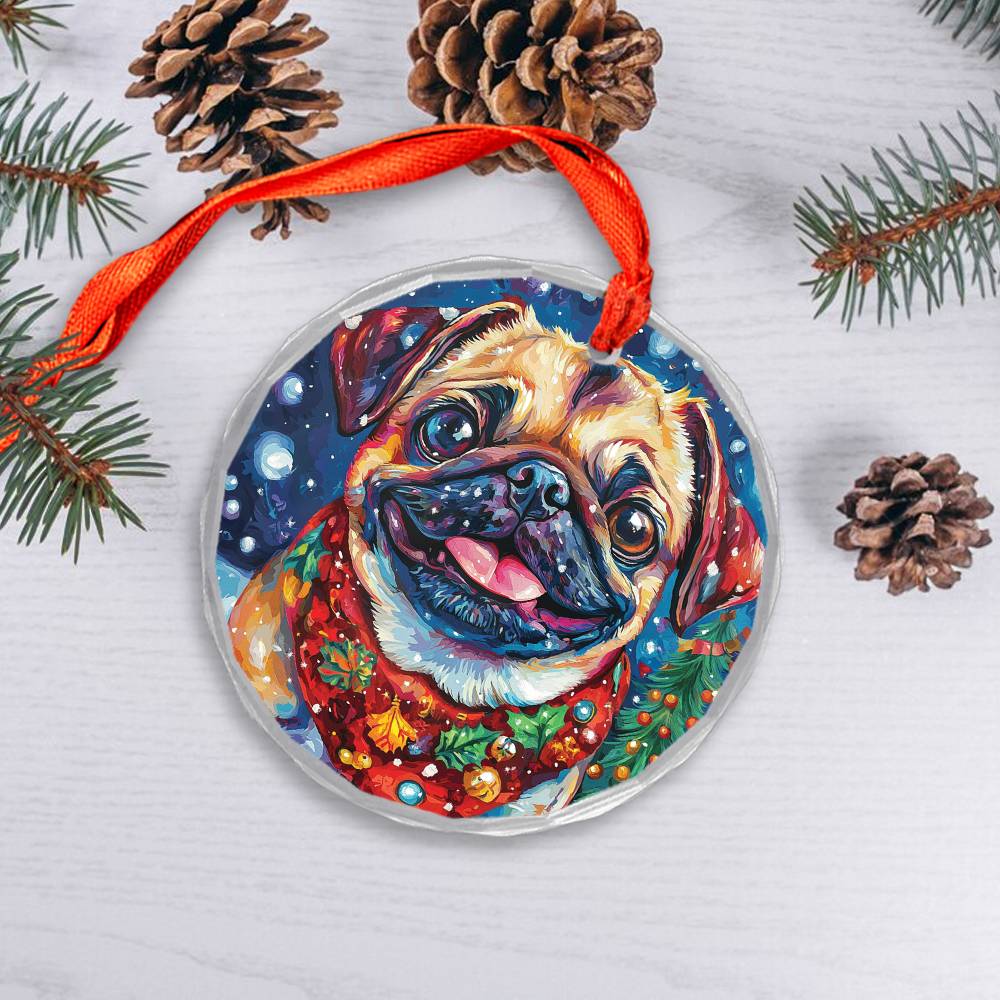 Beautiful Pug Dog Christmas Night Design 2 Glass Ornament