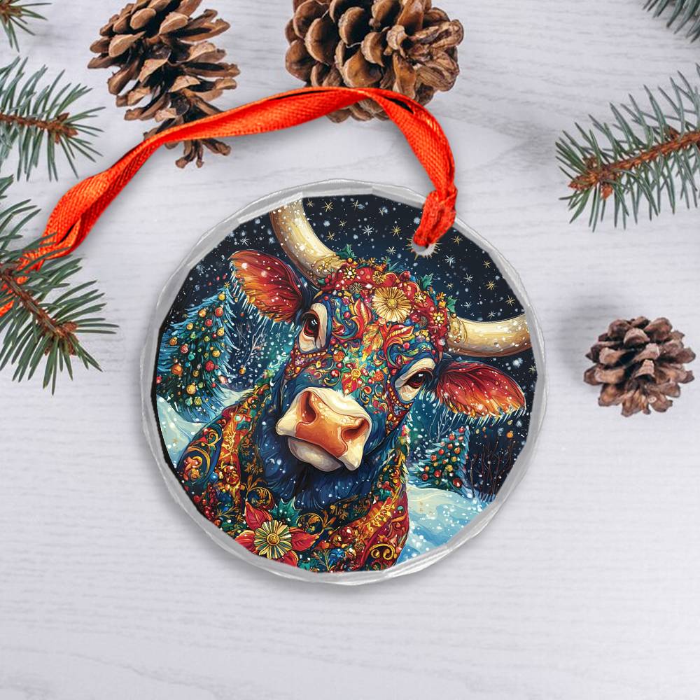 Beautiful Bull Christmas Night Design 2 Glass Ornament