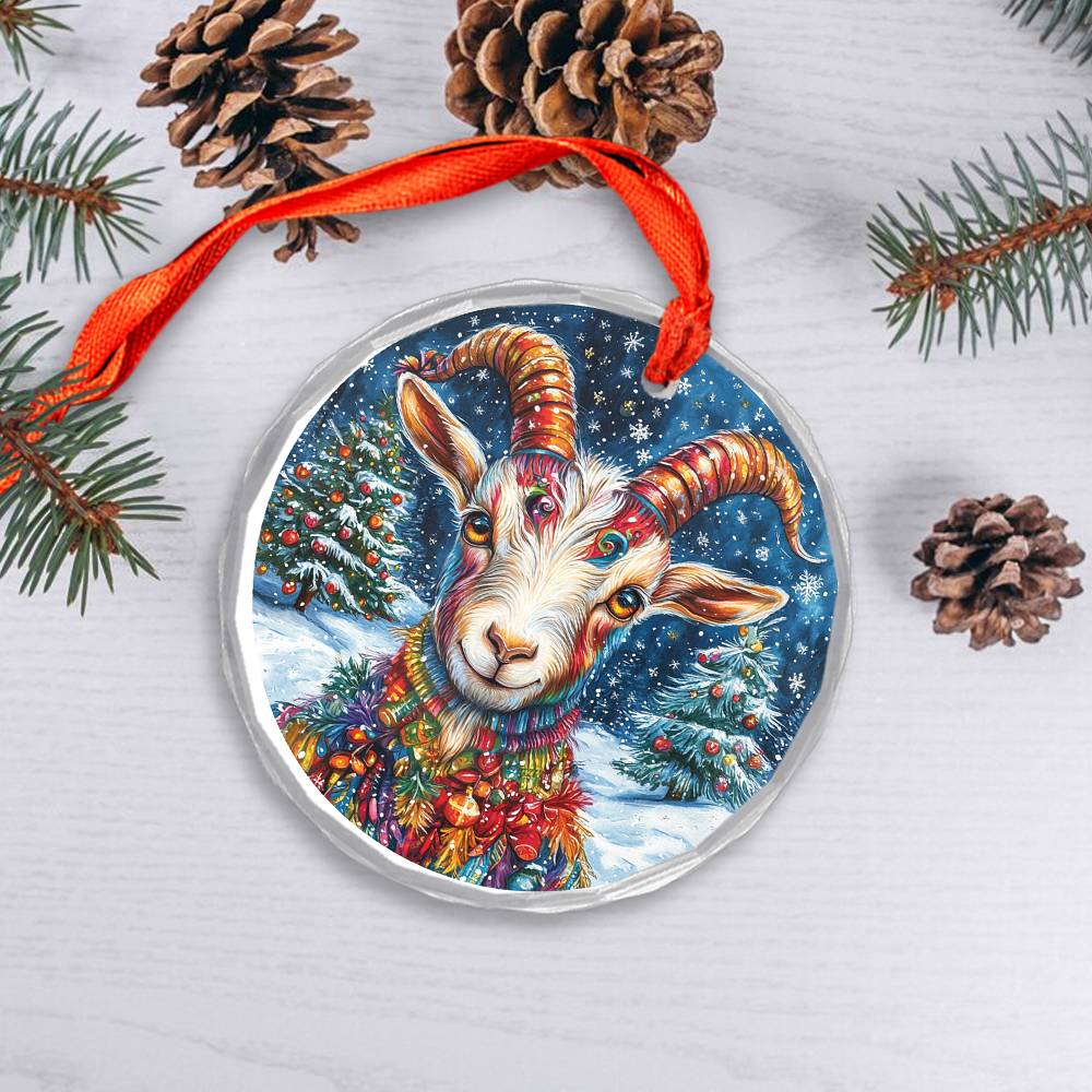 Beautiful Goat Christmas Night Design 3 Glass Ornament
