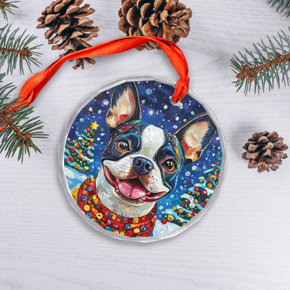 Beautiful Boston Terrier Dog Christmas Night Design 3 Glass Ornament