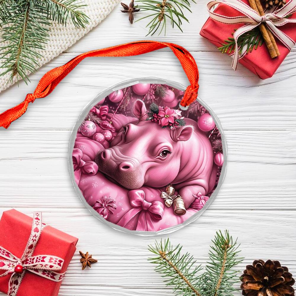 Hippo Pink Christmas Design 3 Glass Ornament