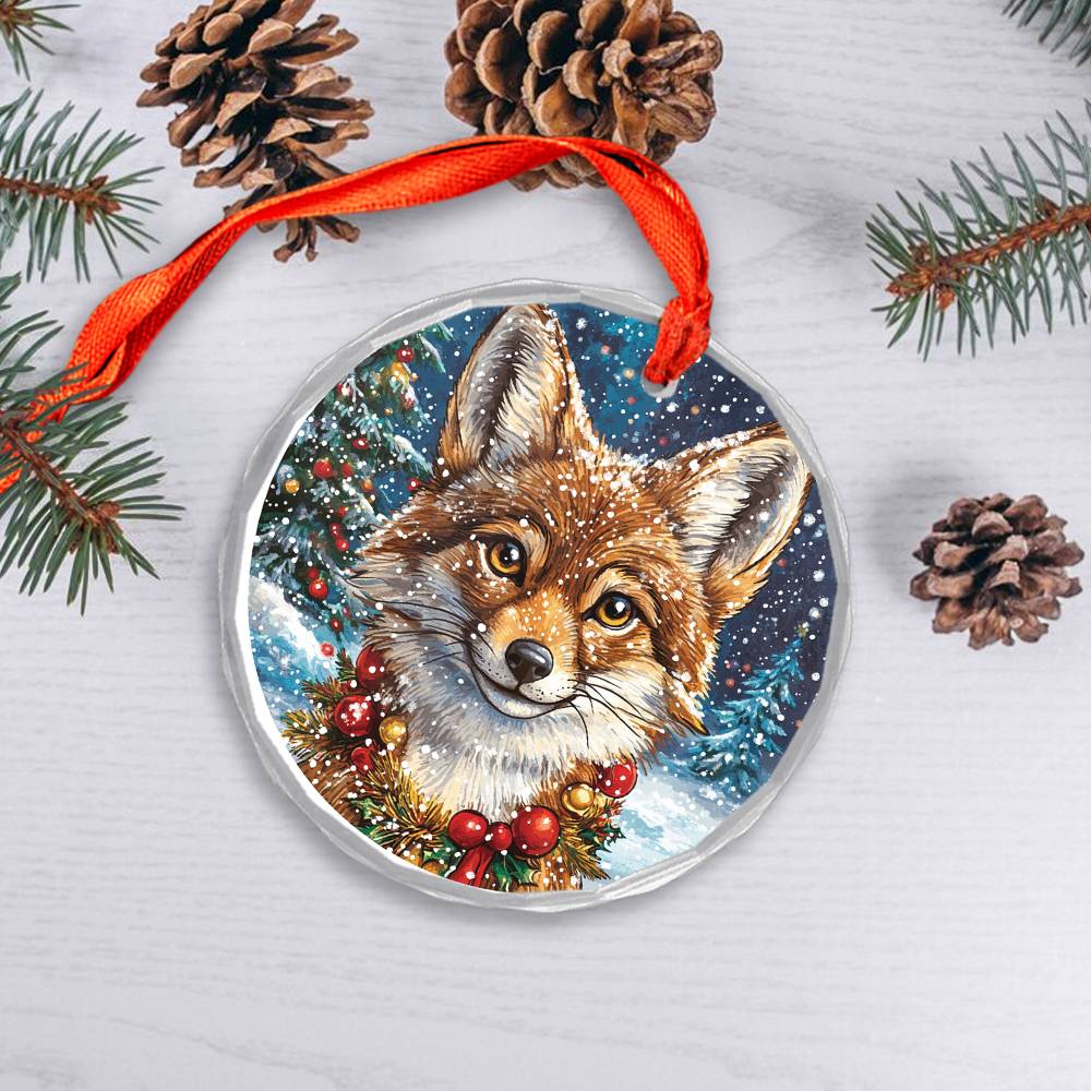 Beautiful Angus Coyote Christmas Night Design 1 Glass Ornament