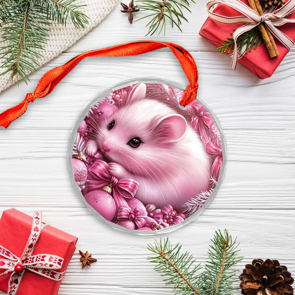 Hamster Pink Christmas Design 2 Glass Ornament